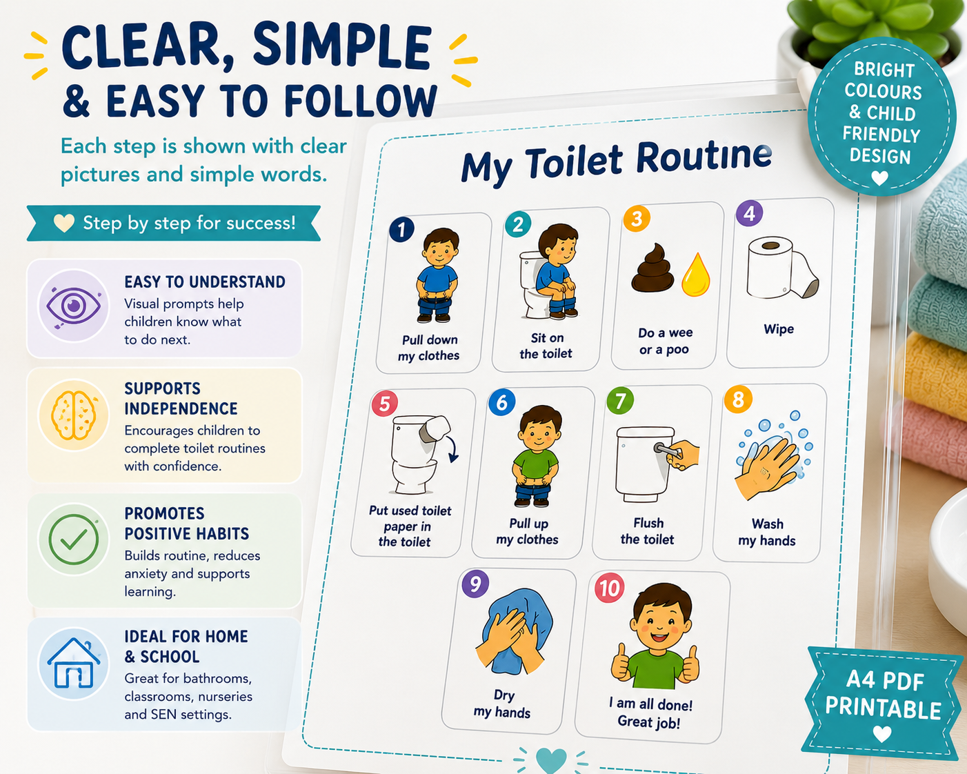 Toilet Routine Visual Schedule | Printable PECS Bathroom Chart (A4 Digital Download)