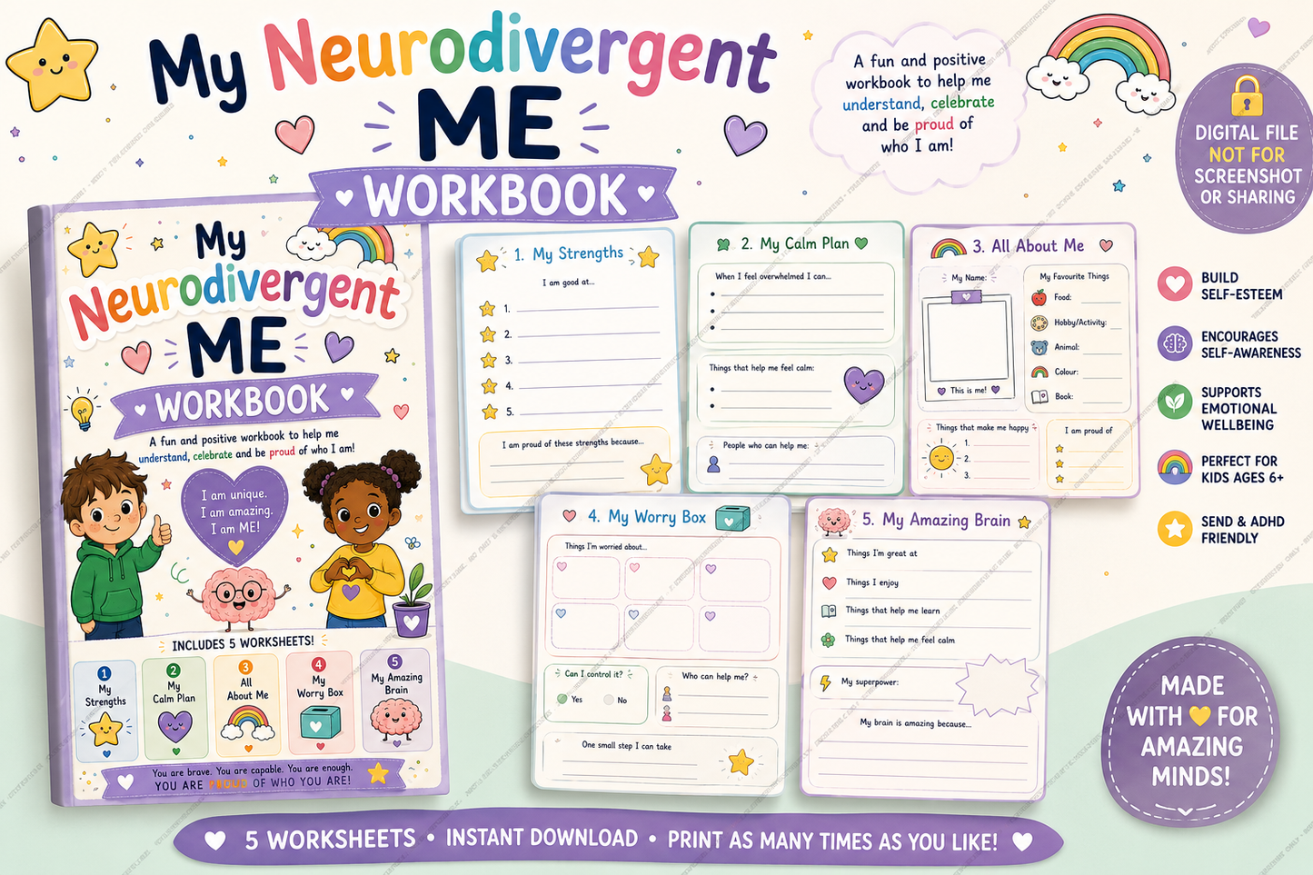 Neurodivergent Workbook & Positive Affirmation Book | Autism & ADHD Activities | Self Esteem, Feelings & Wellbeing Printable | SEND PDF