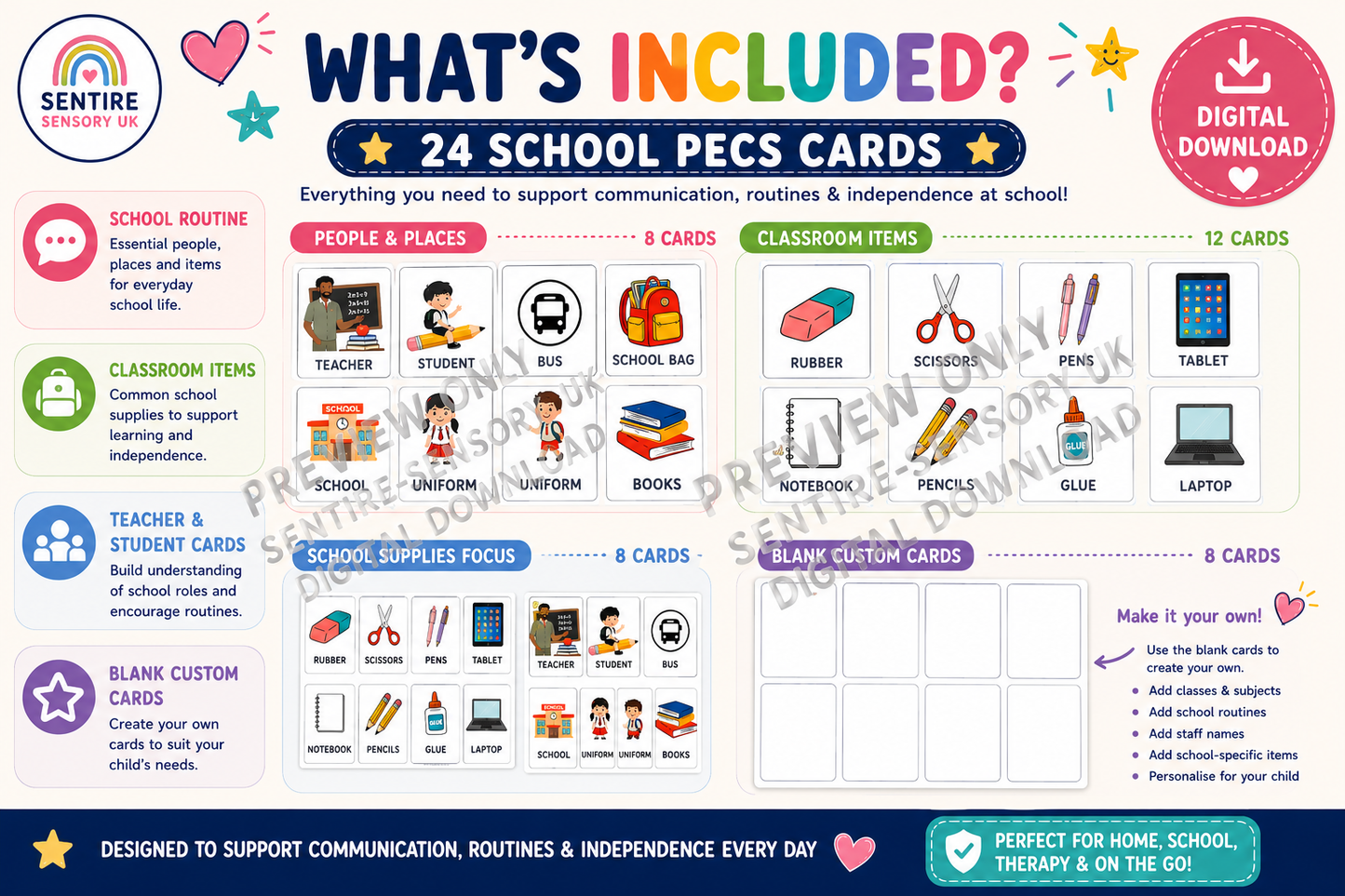 School PECS Pack Printable Visual Cards for Autism ADHD SEN School Communication Cards Digital Download