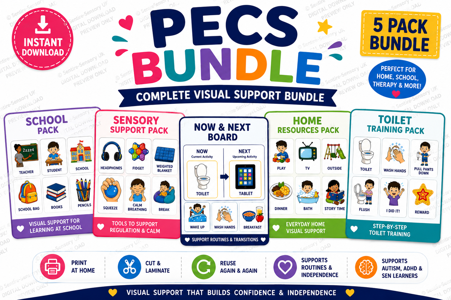 PECS Visual Support Bundle | Now & Next Board, School, Home, Sensory & Toilet Training Packs