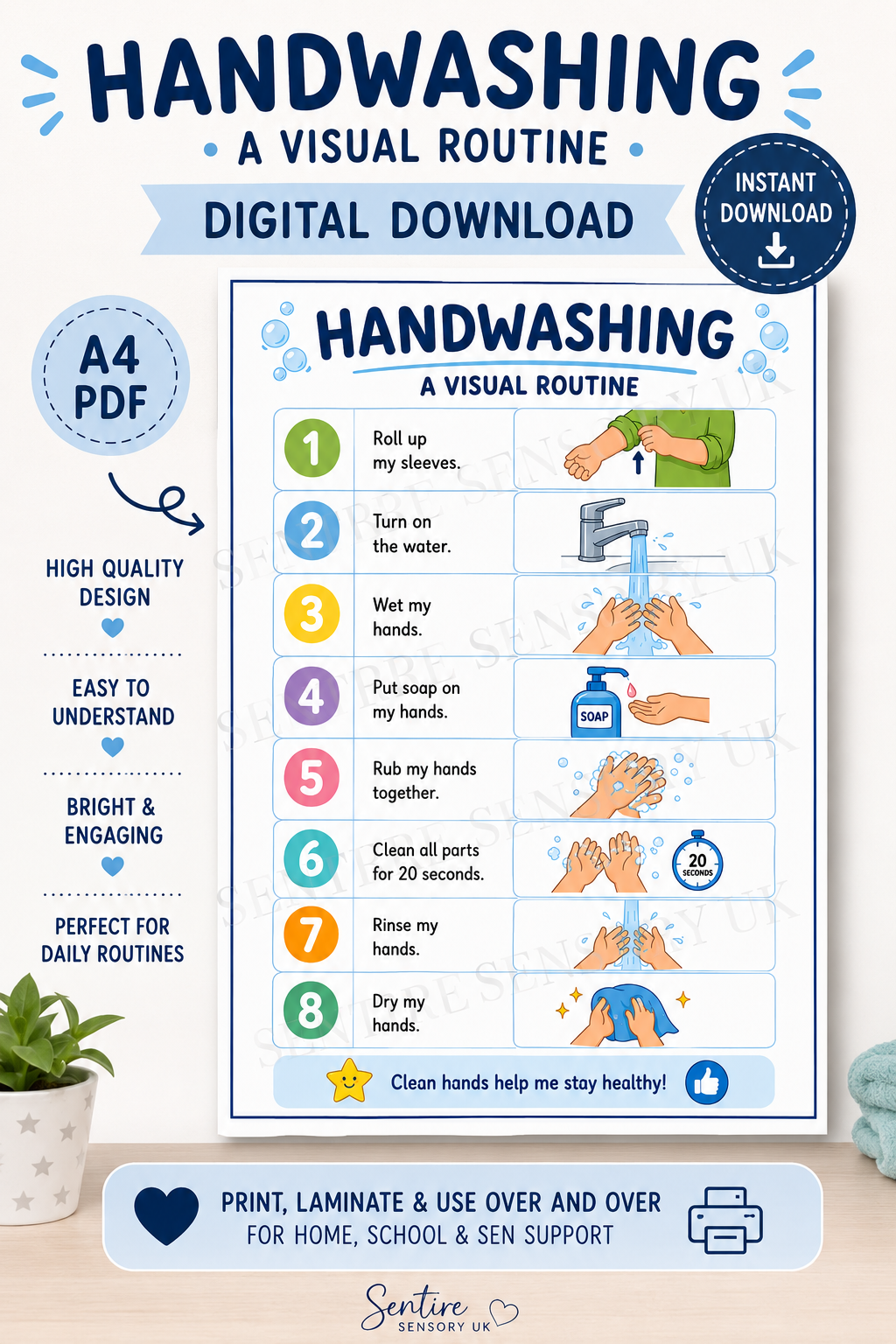 Handwashing Visual Routine | A4 Printable PDF | Bathroom Hygiene Chart for Kids | Visual Schedule | SEN & Classroom Support | Instant Digital Download
