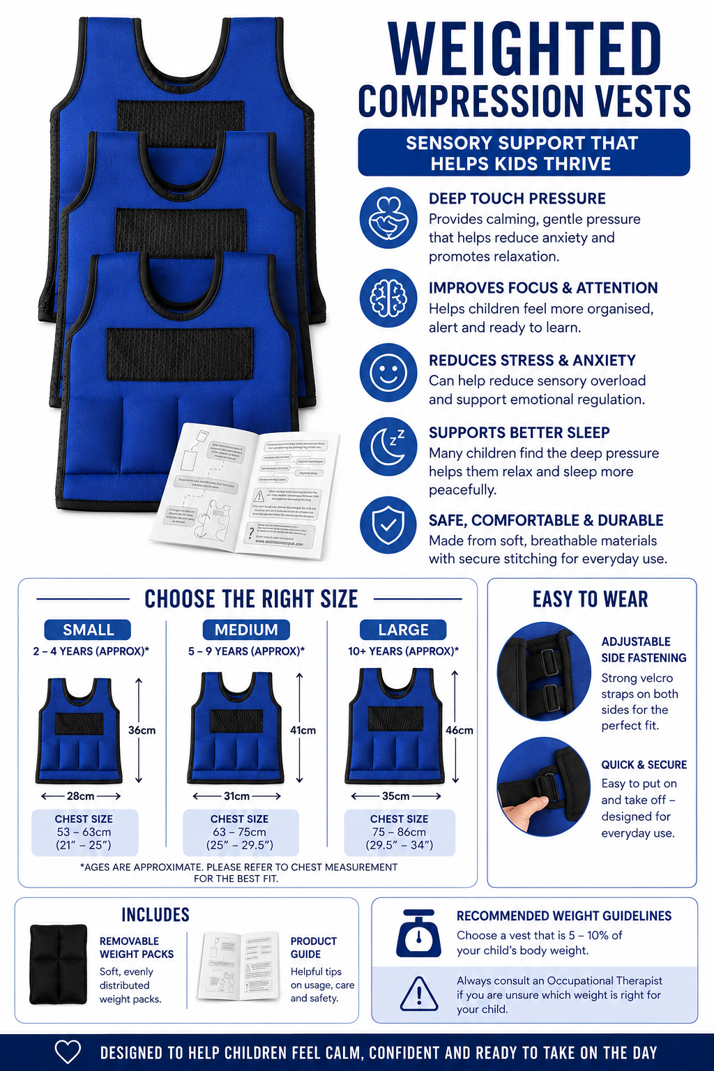 Blue Weighted Adjustable Compression Vest-Deep Pressure for Children age 2-10+
