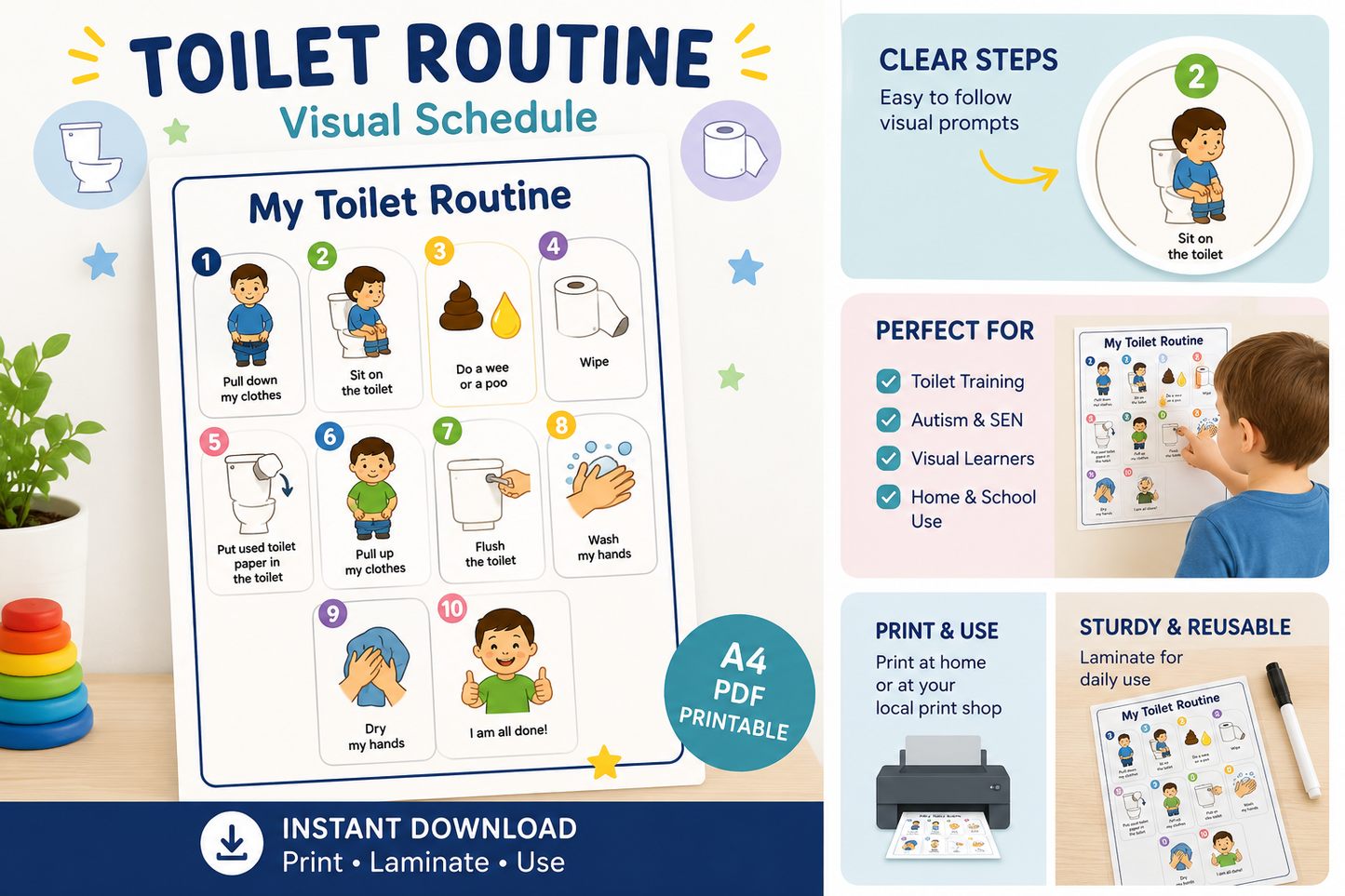 Toilet Routine Visual Schedule | Printable PECS Bathroom Chart (A4 Digital Download)