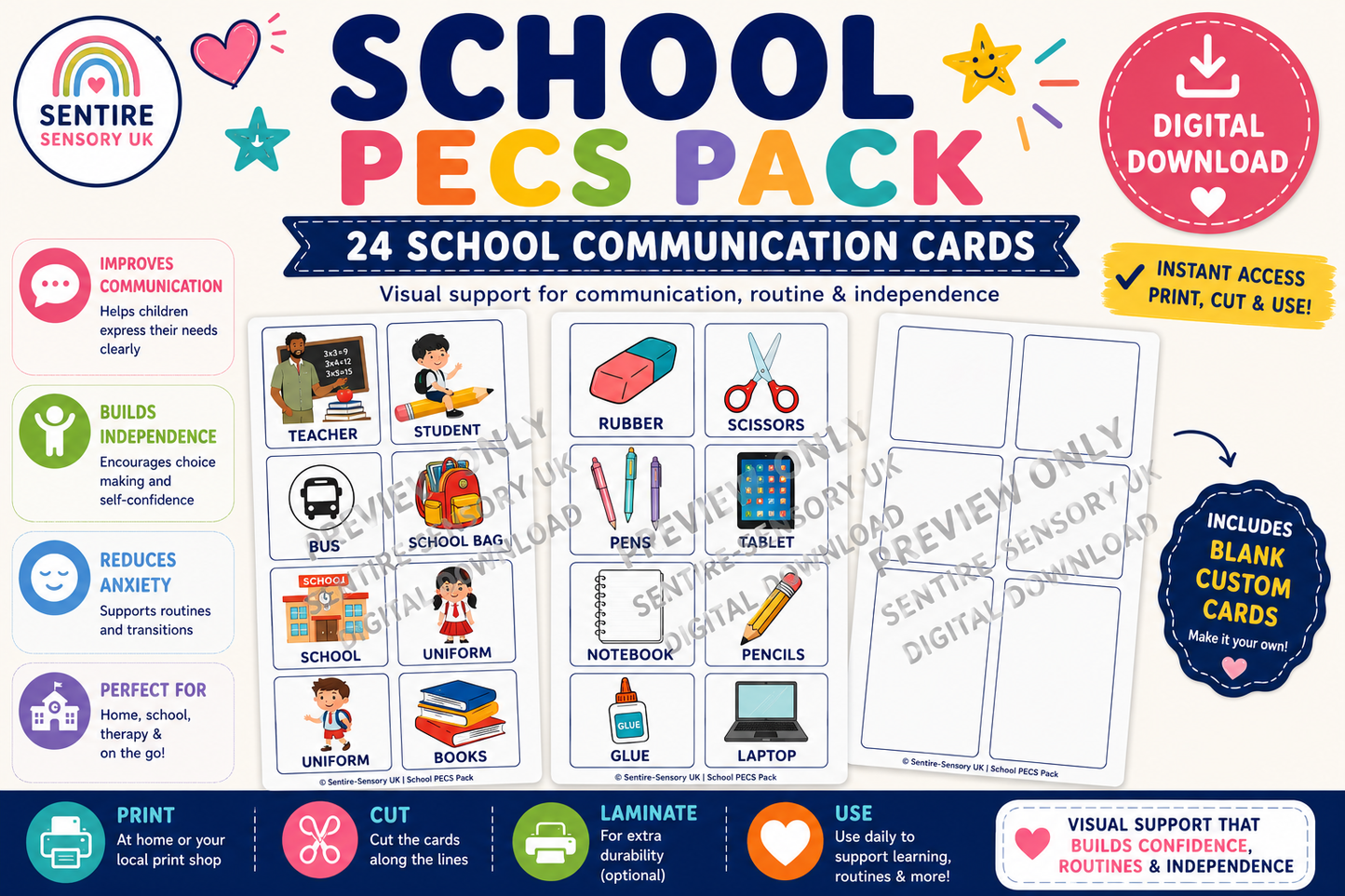 School PECS Pack Printable Visual Cards for Autism ADHD SEN School Communication Cards Digital Download