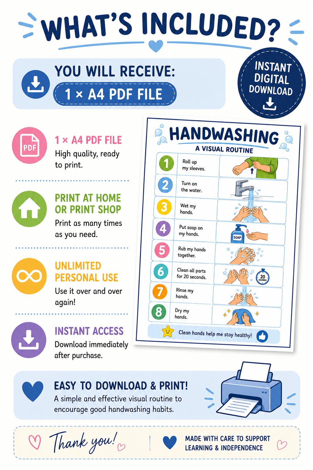 Handwashing Visual Routine | A4 Printable PDF | Bathroom Hygiene Chart for Kids | Visual Schedule | SEN & Classroom Support | Instant Digital Download