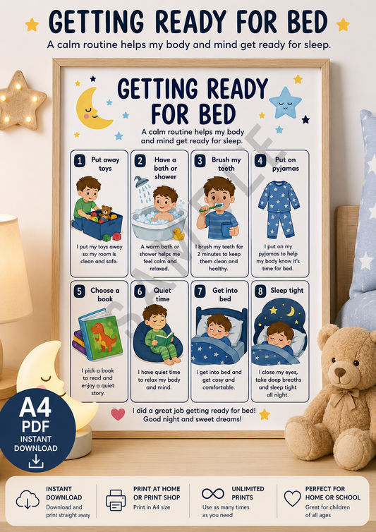 Getting Ready for Bed Visual Routine Chart | Printable A4 PDF | Bedtime Routine for Kids | Instant Digital Download
