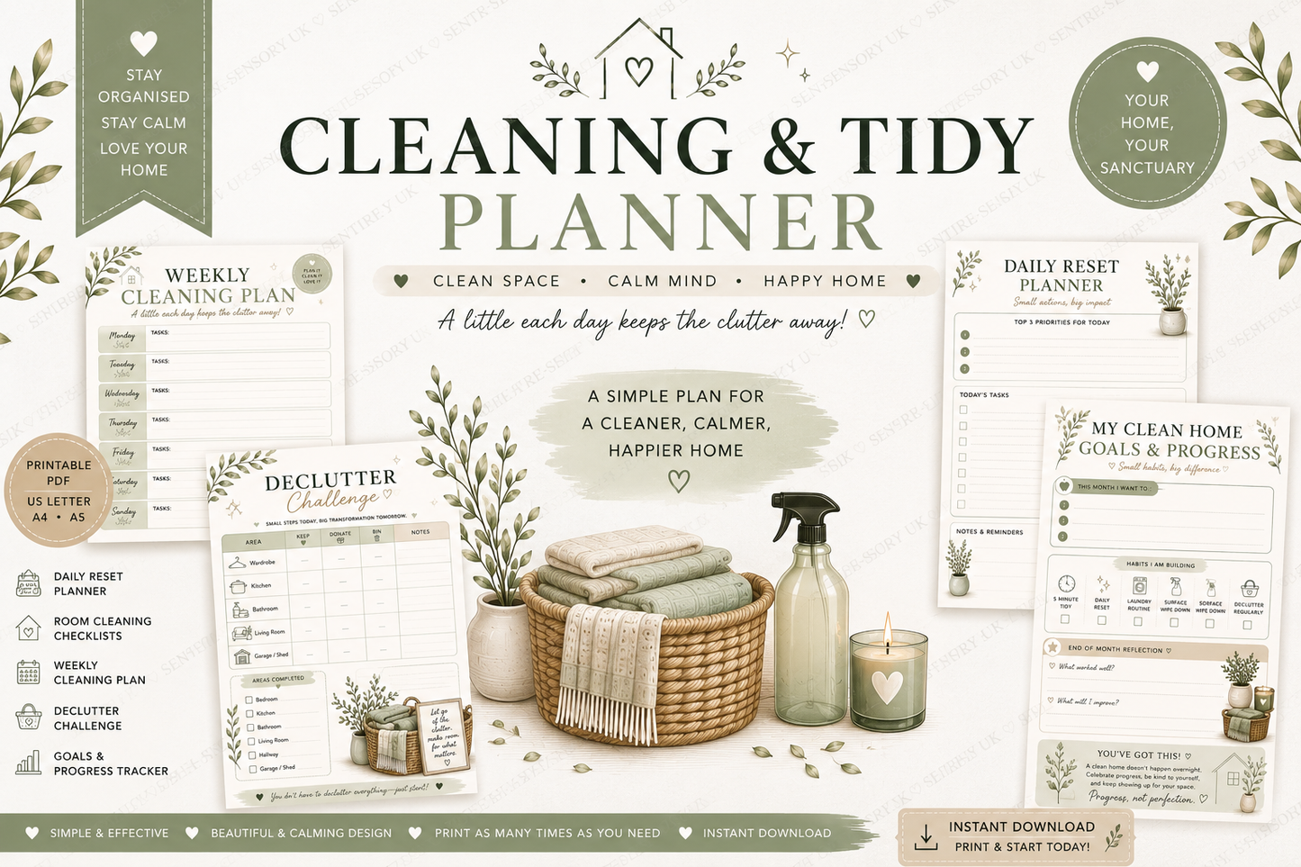 ADHD-Friendly Cleaning & Tidy Planner Printable PDF | Home Organisation, Cleaning Checklist & Declutter Bundle