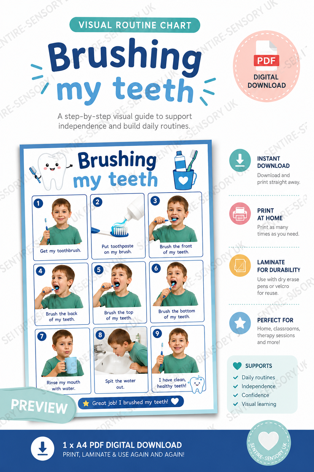 Brushing My Teeth Visual Routine Chart | Printable A4 PDF | Sentire-Sensory UK