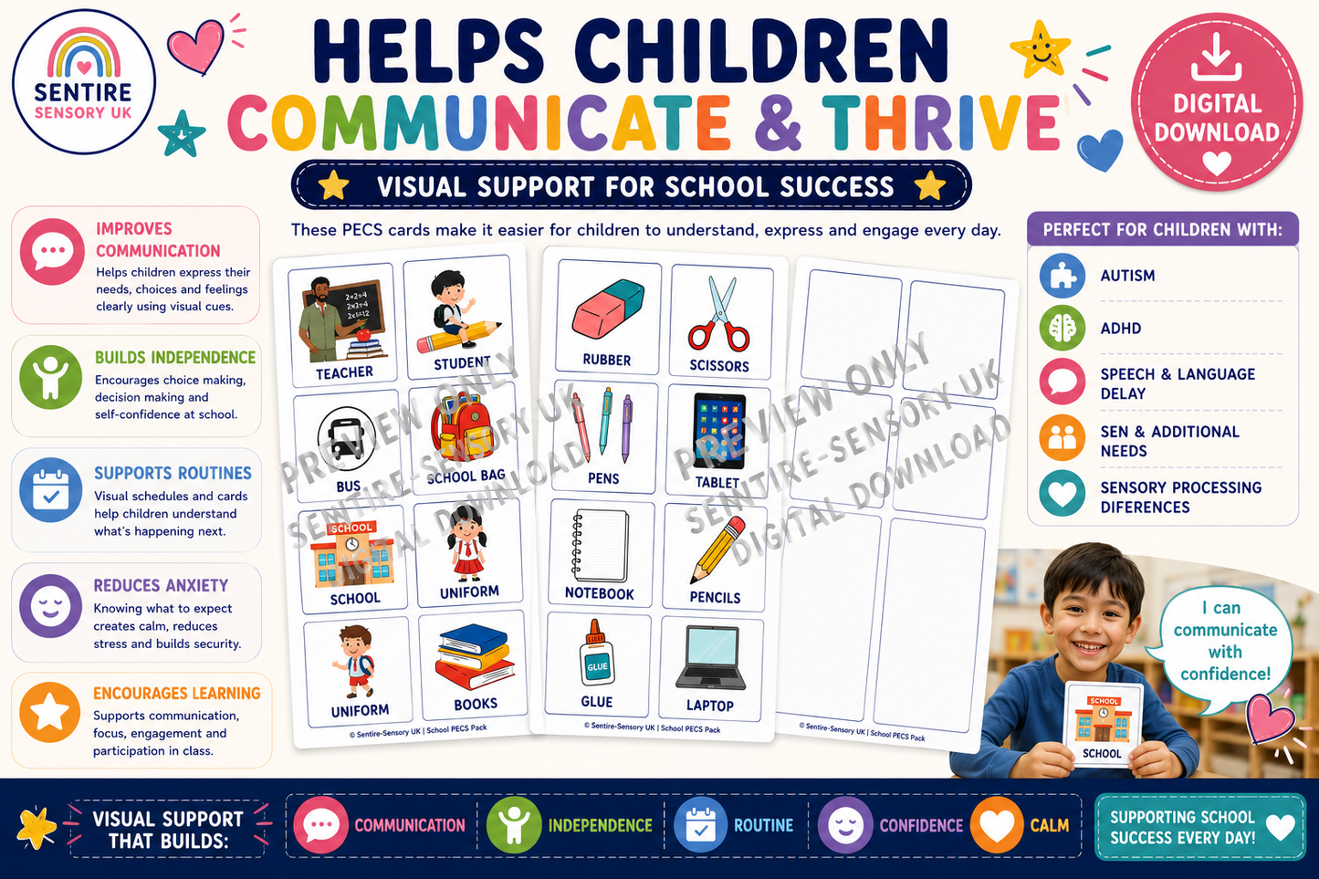 School PECS Pack Printable Visual Cards for Autism ADHD SEN School Communication Cards Digital Download