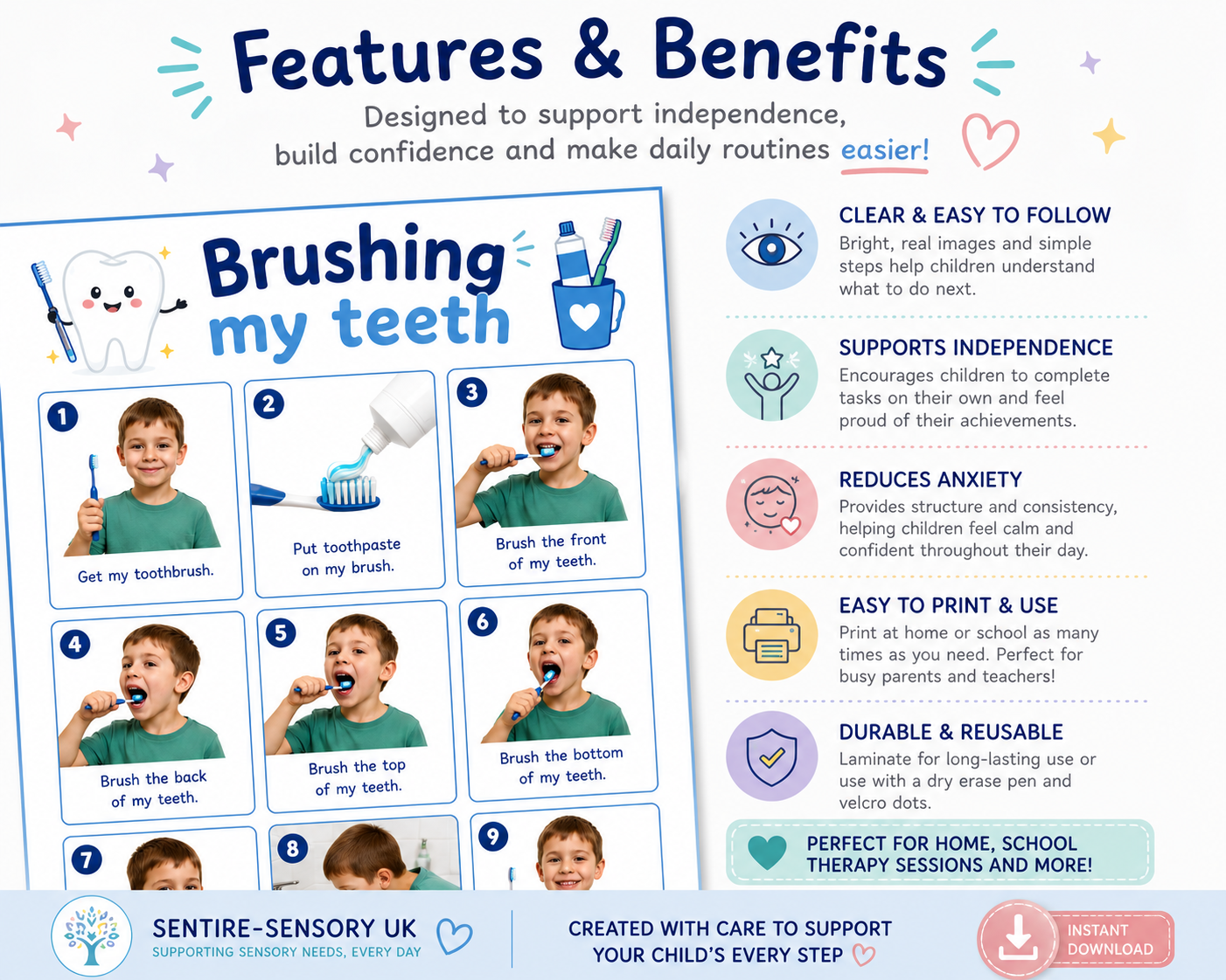 Brushing My Teeth Visual Routine Chart | Printable A4 PDF | Sentire-Sensory UK