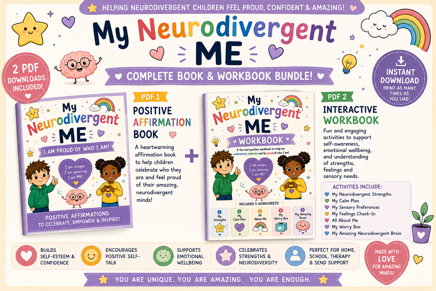 Neurodivergent Workbook & Positive Affirmation Book | Autism & ADHD Activities | Self Esteem, Feelings & Wellbeing Printable | SEND PDF