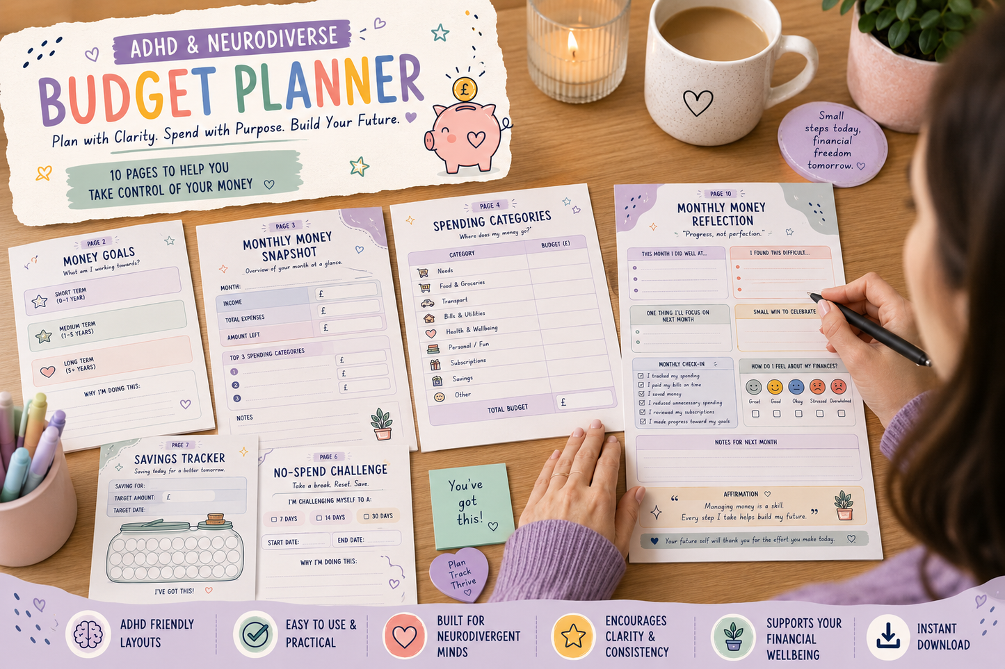 ADHD Budget Planner Printable PDF | Neurodiverse Money Planner | Financial Wellness Workbook | Savings & Debt Tracker | Instant Download