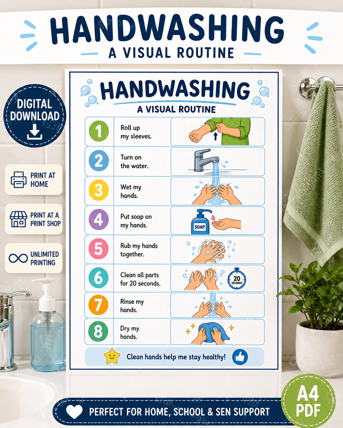 Handwashing Visual Routine | A4 Printable PDF | Bathroom Hygiene Chart for Kids | Visual Schedule | SEN & Classroom Support | Instant Digital Download