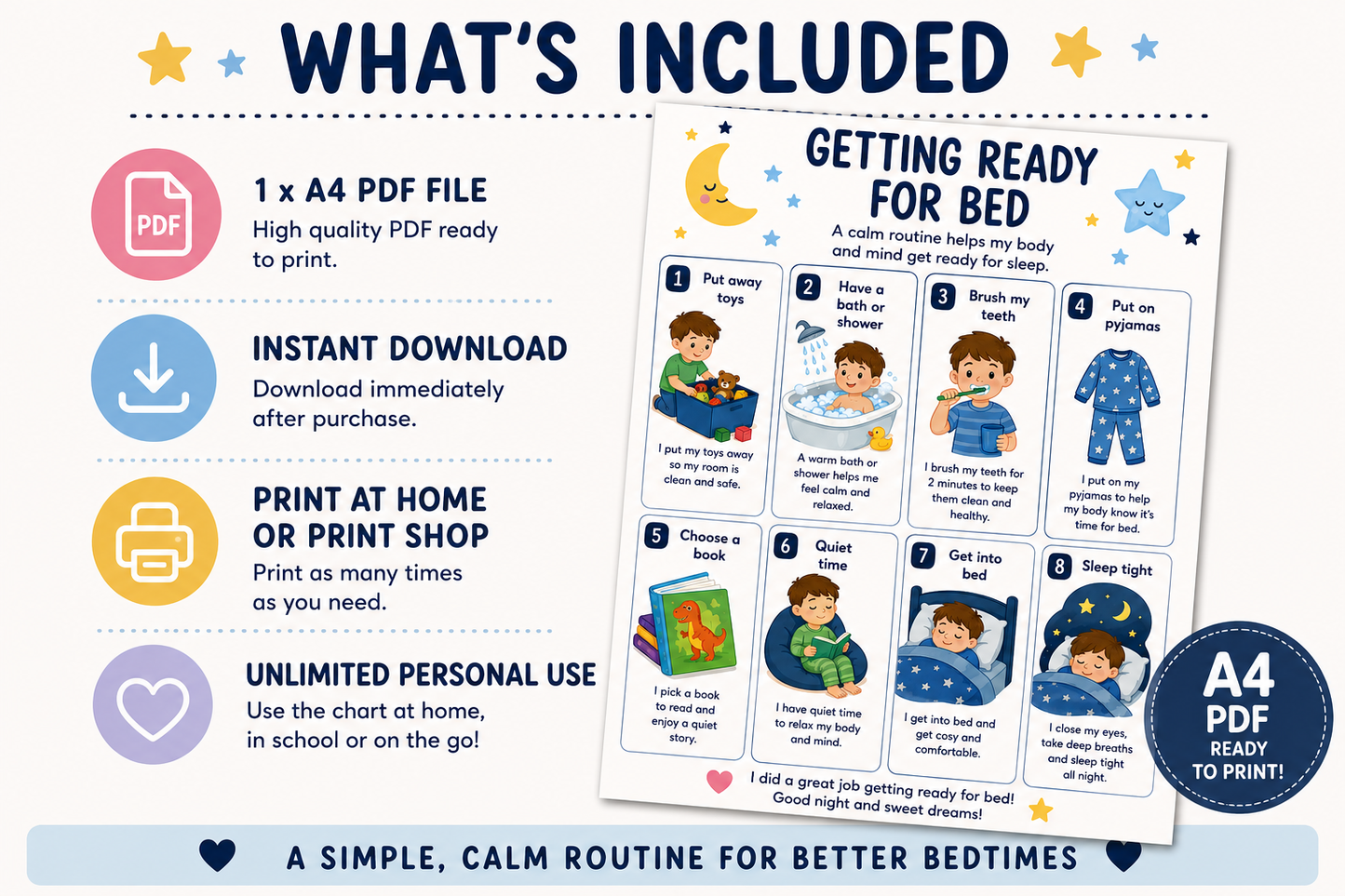 Getting Ready for Bed Visual Routine Chart | Printable A4 PDF | Bedtime Routine for Kids | Instant Digital Download